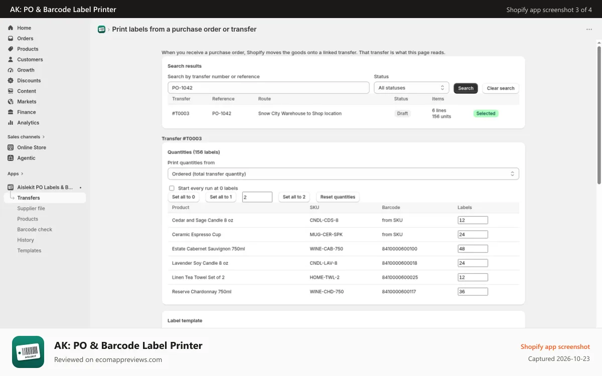 AK: PO & Barcode Label Printer Shopify app screenshot: Or pull a Shopify transfer and print its lines.