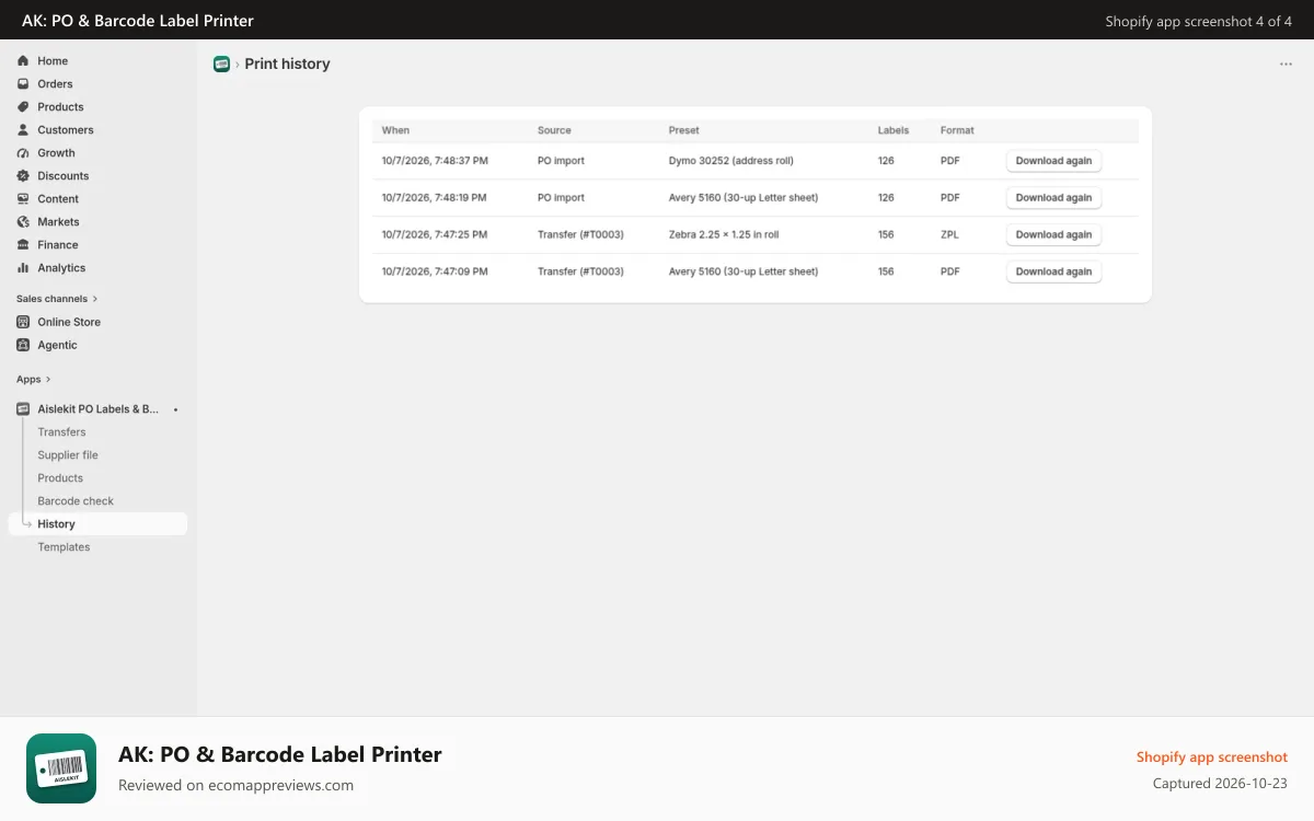 AK: PO & Barcode Label Printer Shopify app screenshot: Every job saved. Reprint it exactly as it went out.
