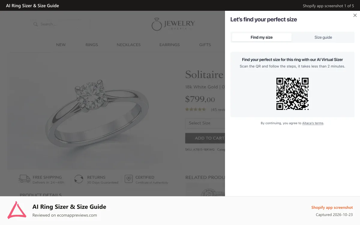 AI Ring Sizer & Size Guide Shopify app screenshot: Desktop Sync