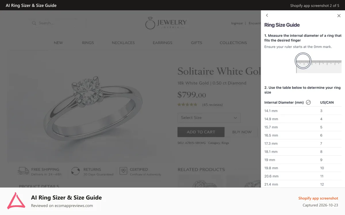 AI Ring Sizer & Size Guide Shopify app screenshot: Dynamic Size Chart