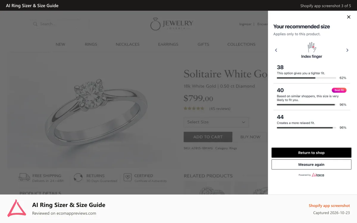AI Ring Sizer & Size Guide Shopify app screenshot: Results in Desktop
