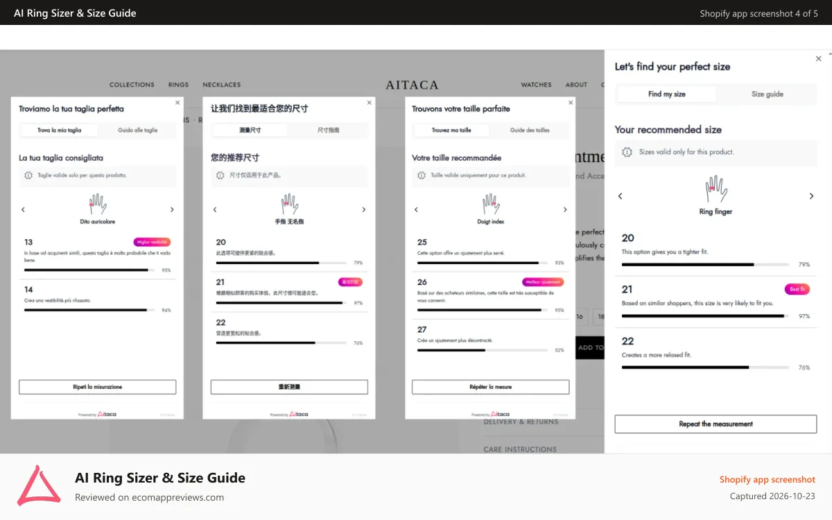 AI Ring Sizer & Size Guide Shopify app screenshot: Automatically translated to multiple languages