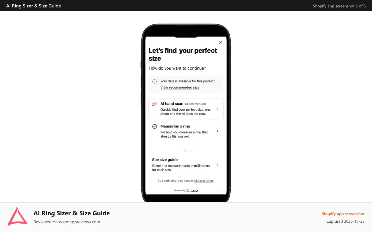 AI Ring Sizer & Size Guide Shopify app screenshot: Home Screen