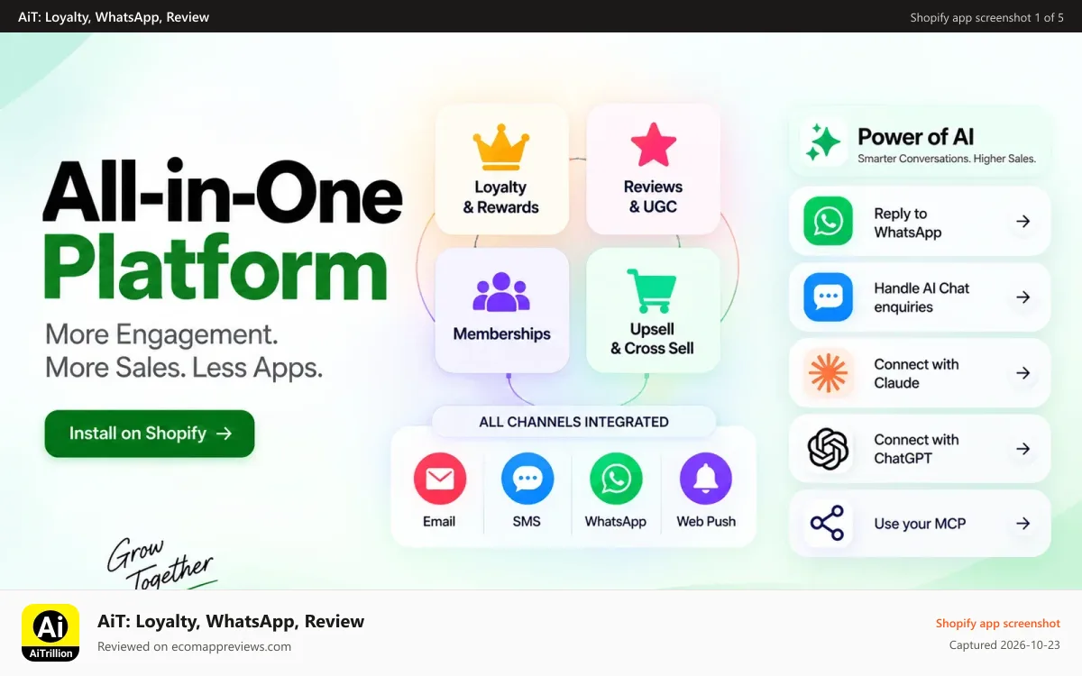 AiT: Loyalty, WhatsApp, Review Shopify app screenshot: AiTrillion Loyalty reward review and membeship app