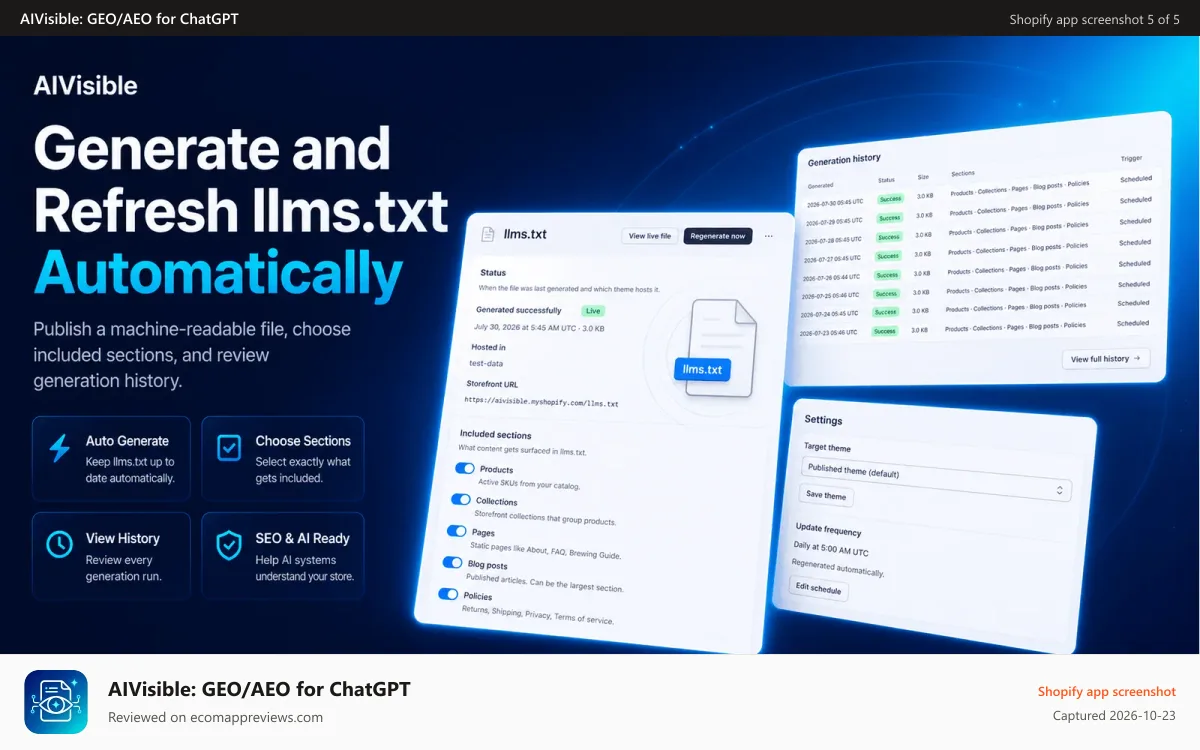 AIVisible: GEO/AEO for ChatGPT Shopify app screenshot: Automated llms.txt generation with sections and build history