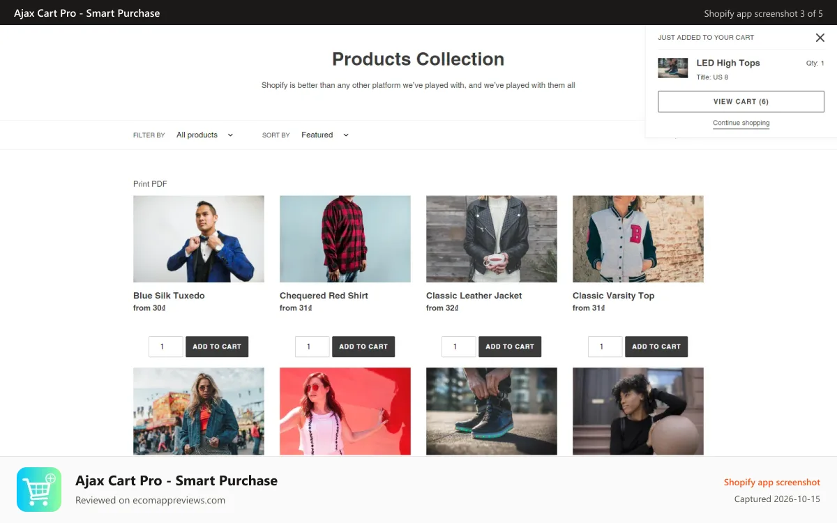 Ajax Cart Pro ‑ Smart Purchase Shopify app screenshot: Add product by ajax from catalog collection page