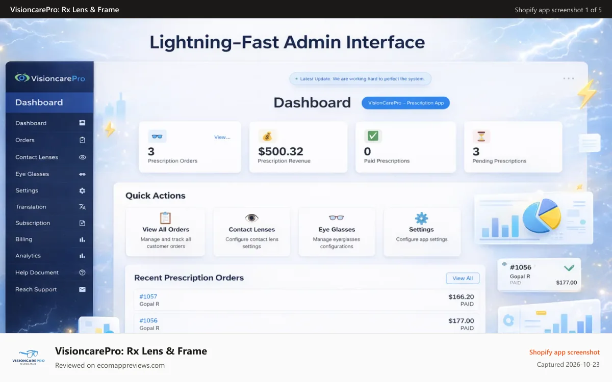 VisioncarePro: Rx Lens & Frame Shopify app screenshot: Lightning-Fast Admin Interface