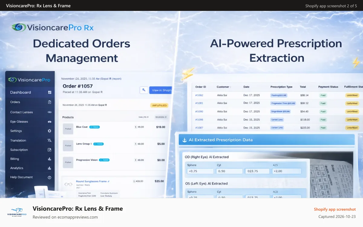 VisioncarePro: Rx Lens & Frame Shopify app screenshot: Dedicated Orders Management