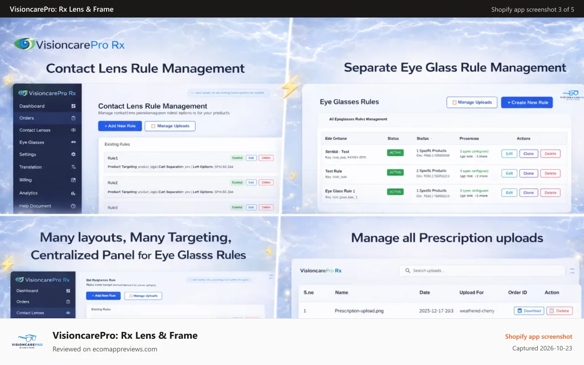 VisioncarePro: Rx Lens & Frame Shopify app screenshot: Contact & Eye Glasses Rules Management