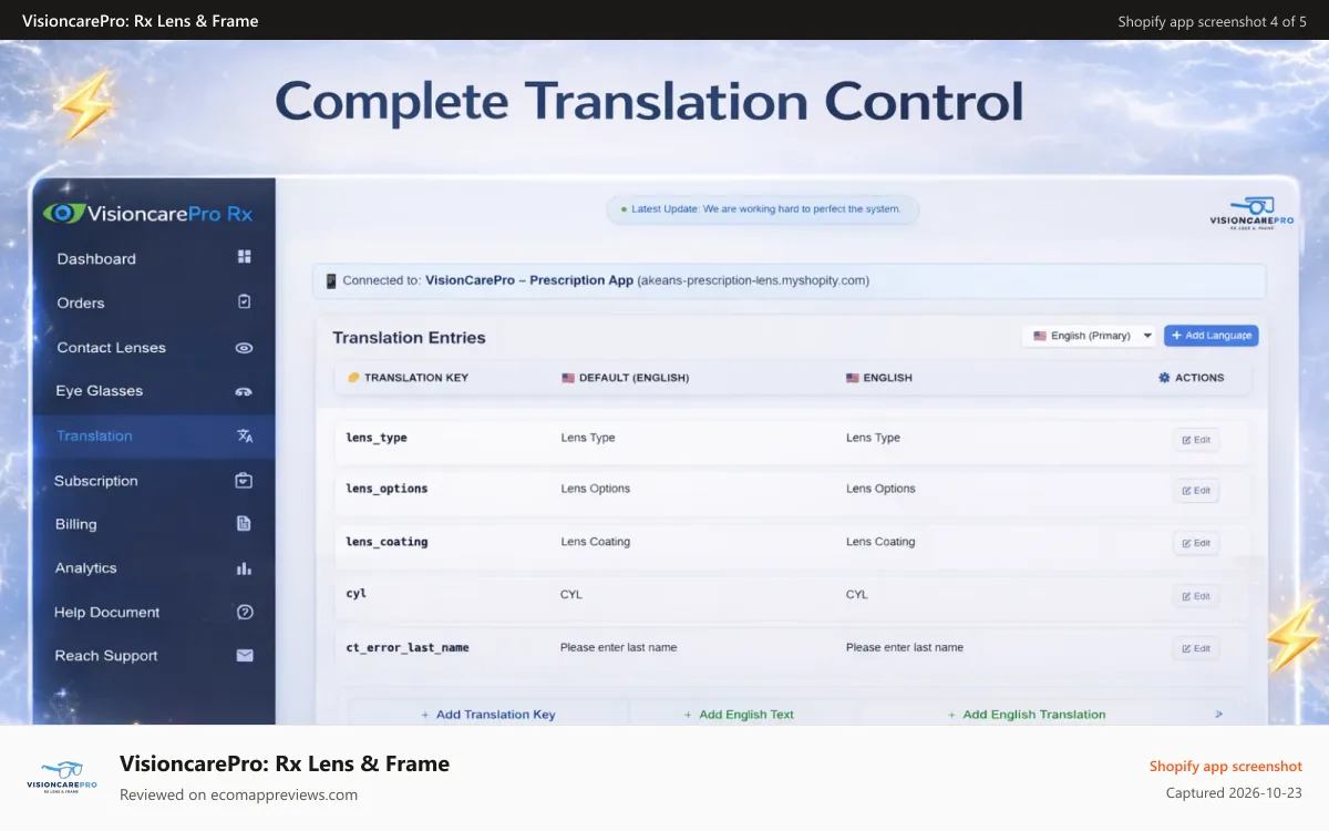 VisioncarePro: Rx Lens & Frame Shopify app screenshot: Complete Translation Control