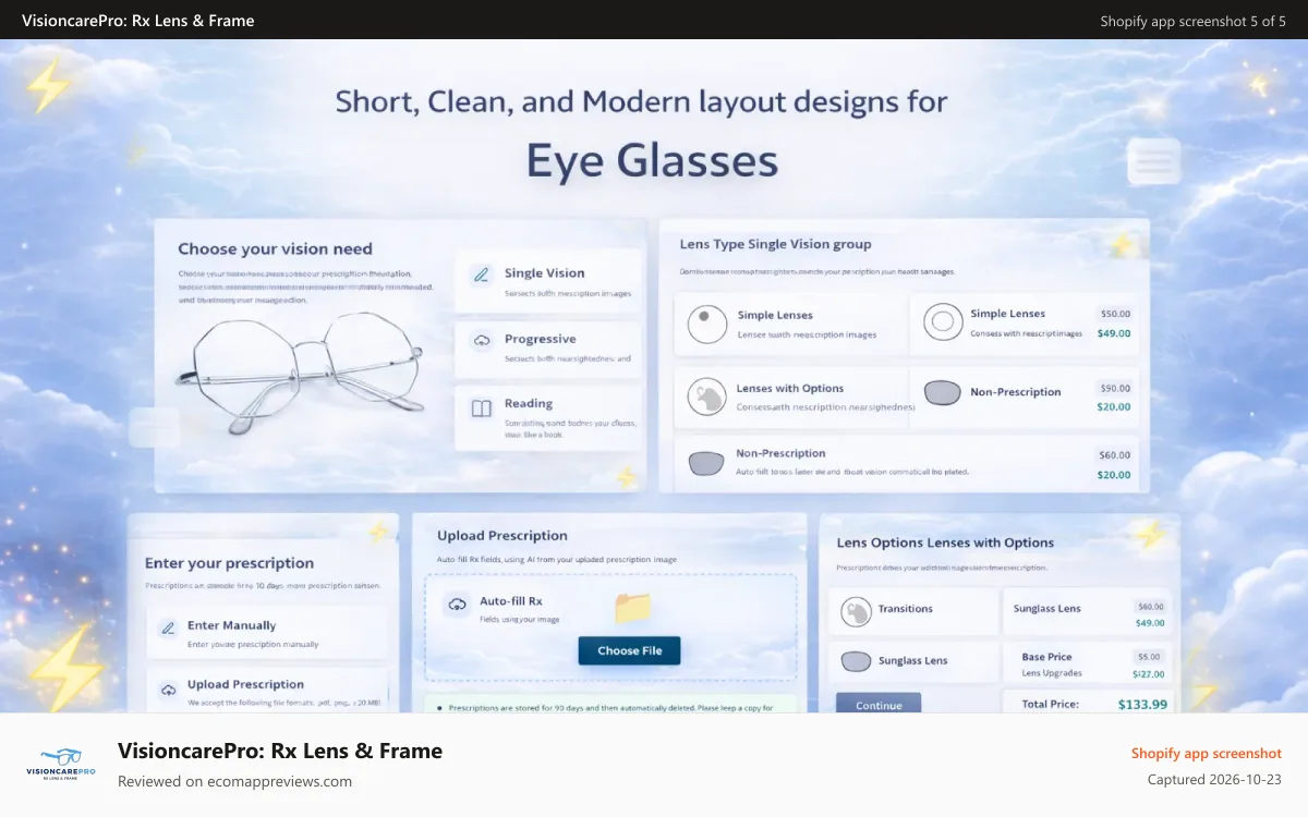 VisioncarePro: Rx Lens & Frame Shopify app screenshot: Short, Clean, and Modern Layout Designs