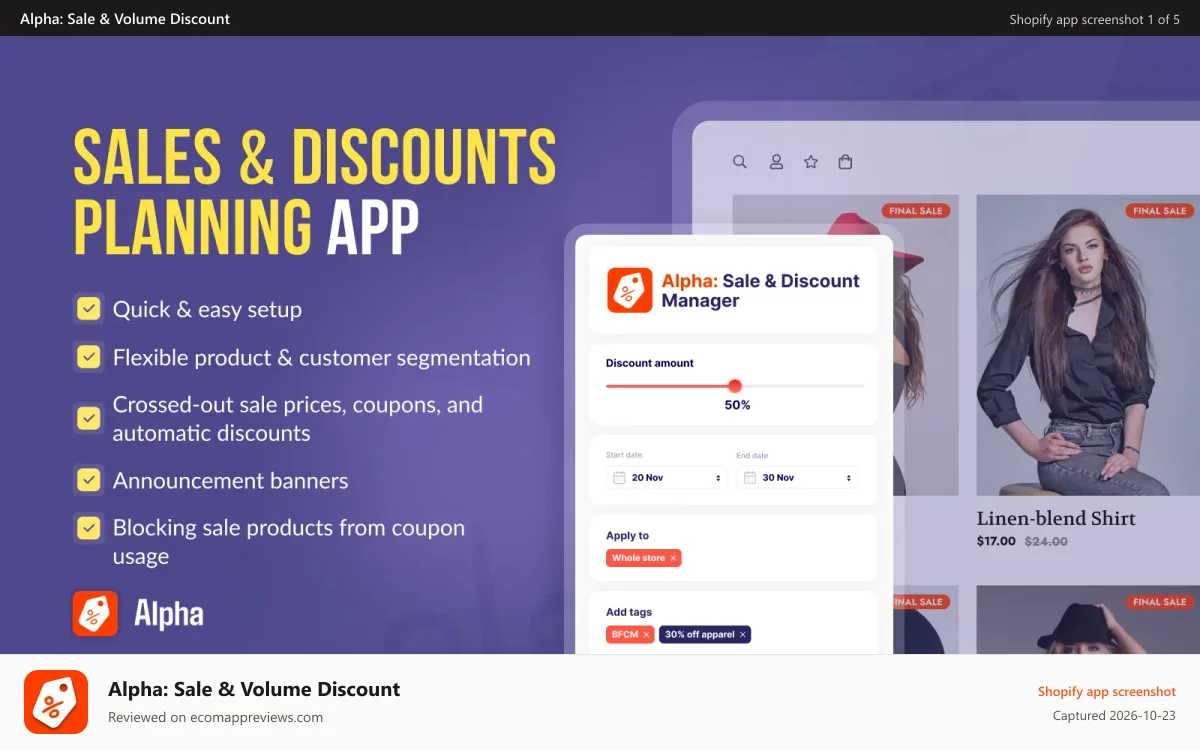 Alpha: Sale & Volume Discount Shopify app screenshot: Sales and Discounts Planning App
