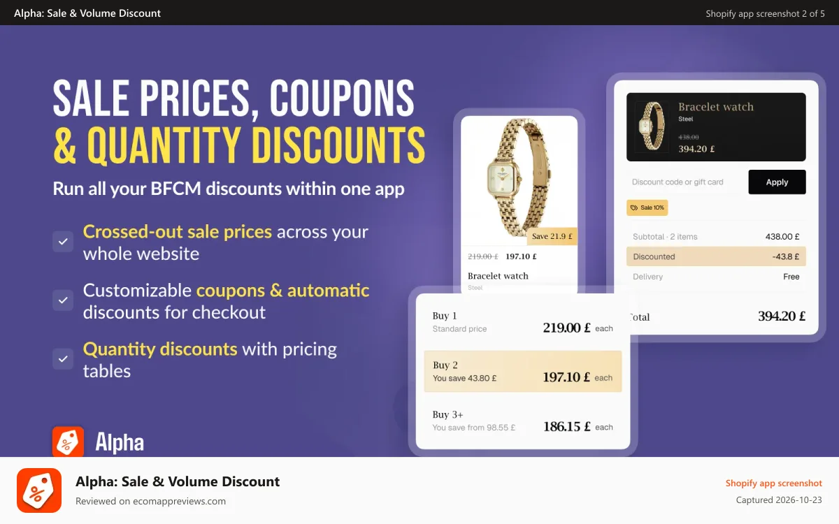 Alpha: Sale & Volume Discount Shopify app screenshot: Sale prices, coupons & quantity discounts