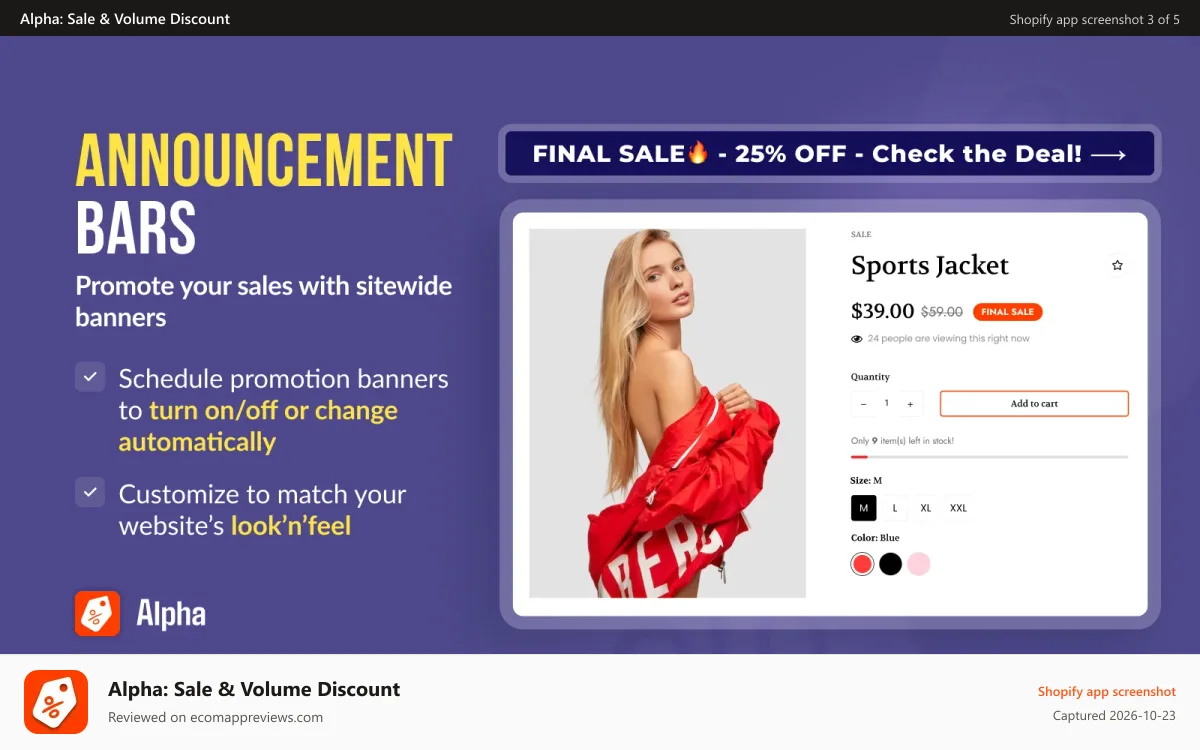 Alpha: Sale & Volume Discount Shopify app screenshot: Announcement banners