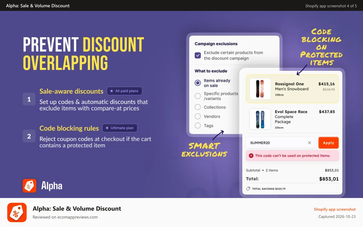 Alpha: Sale & Volume Discount Shopify app screenshot: Prevent discount overlap