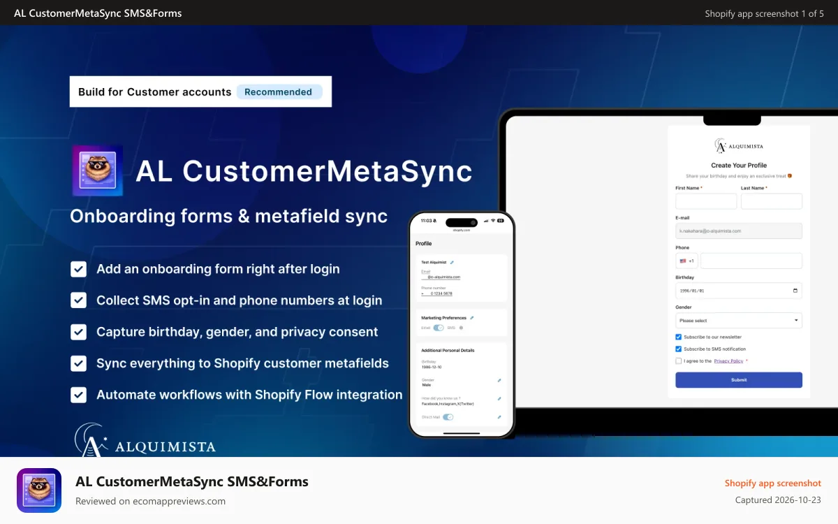 AL CustomerMetaSync SMS&Forms Shopify app screenshot: AL CustomerMetaSync | Collect and update customer metafileds