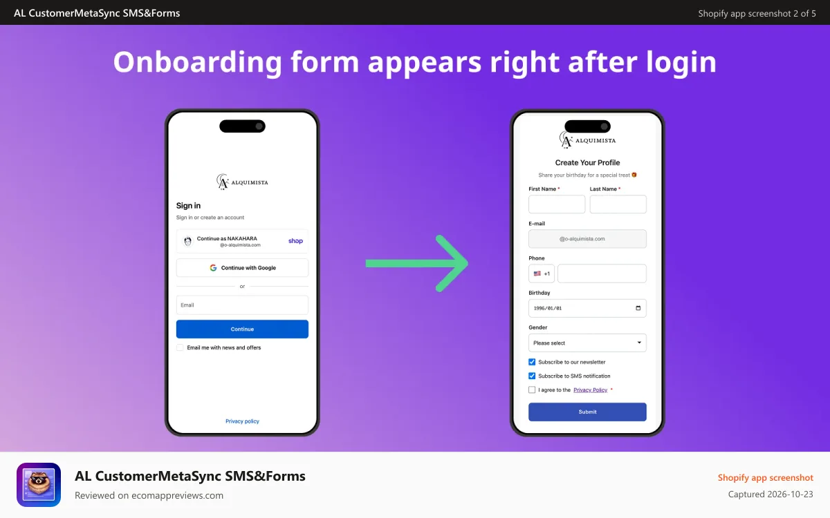 AL CustomerMetaSync SMS&Forms Shopify app screenshot: Onboarding form right after Shopify login