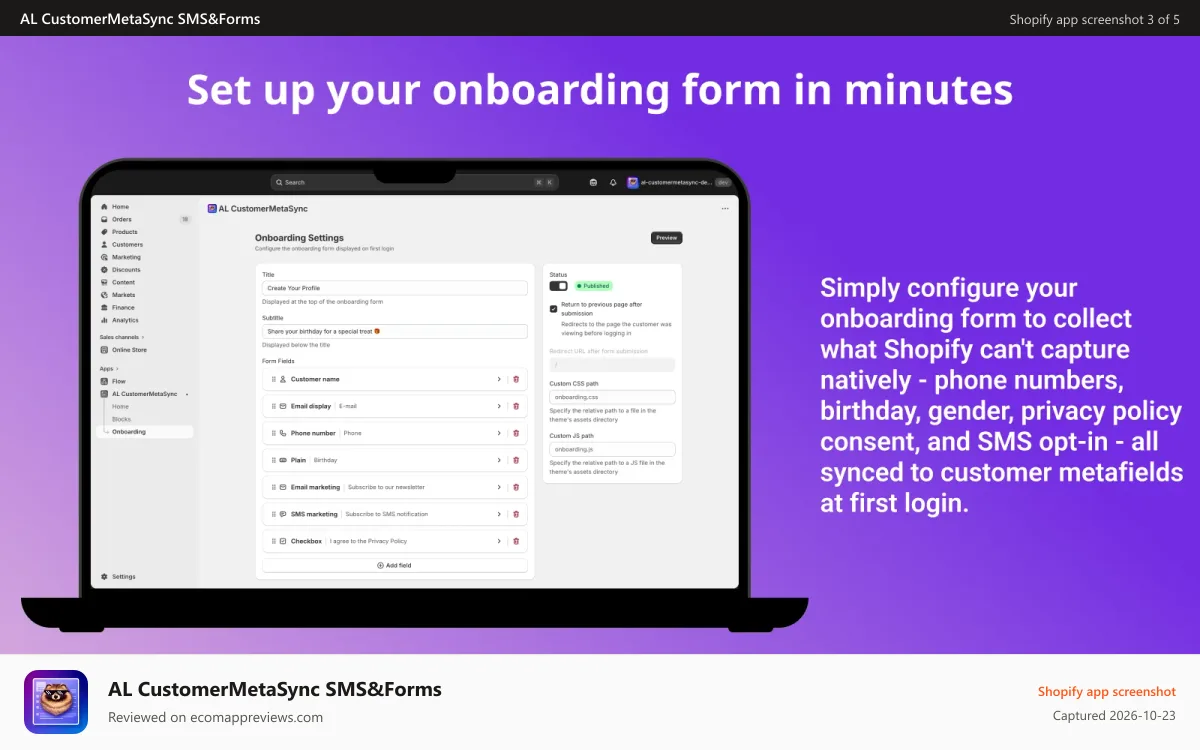 AL CustomerMetaSync SMS&Forms Shopify app screenshot: Configure your post-login form to collect customer metafields