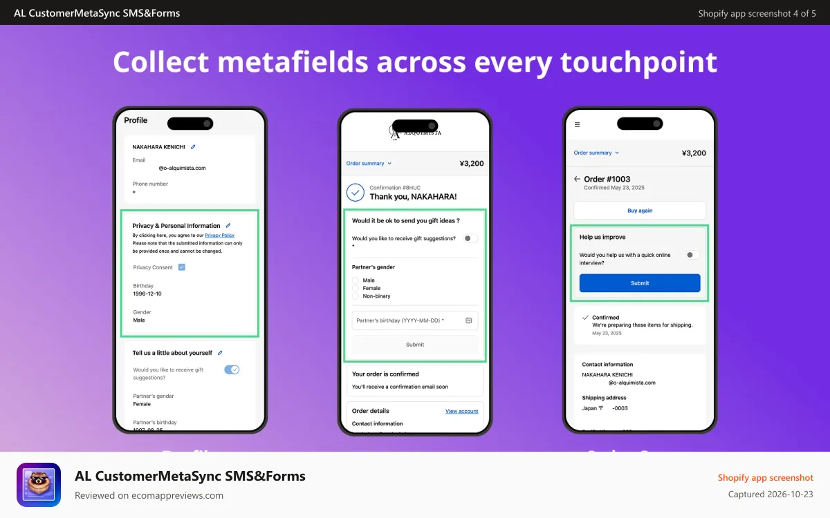 AL CustomerMetaSync SMS&Forms Shopify app screenshot: Collect metafields across Profile, Thank you and Order Status