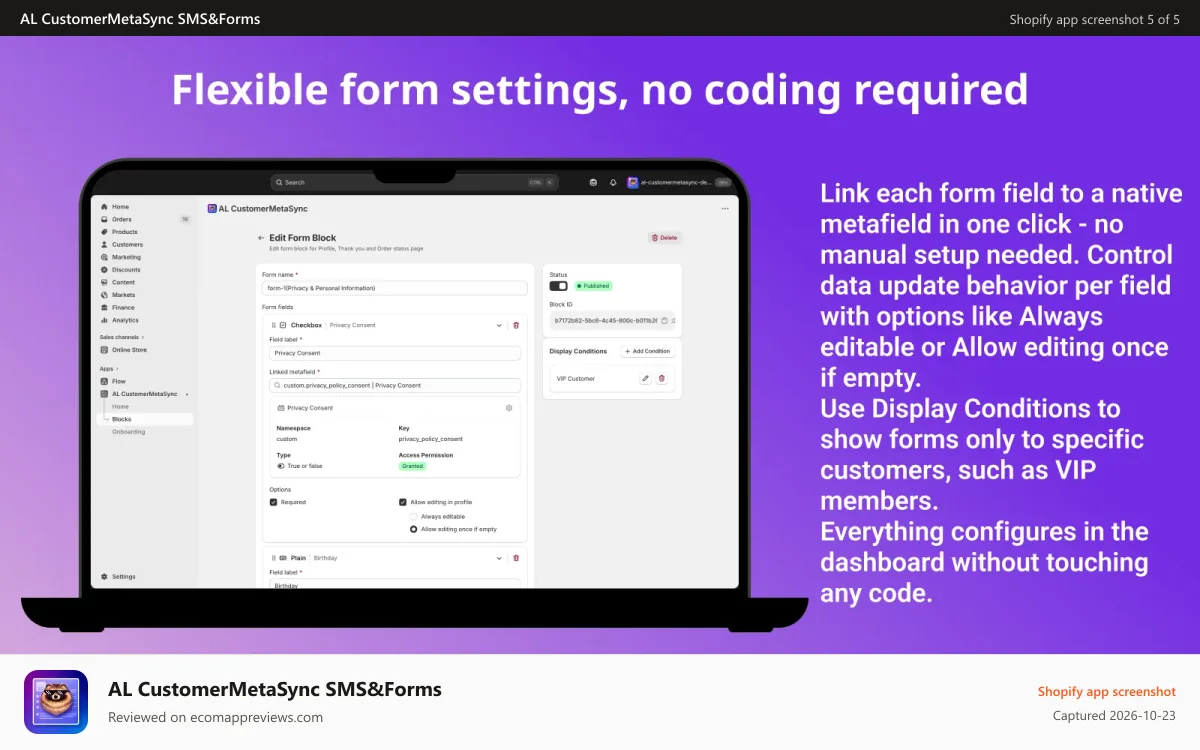 AL CustomerMetaSync SMS&Forms Shopify app screenshot: Form builder - link metafields and set display conditions