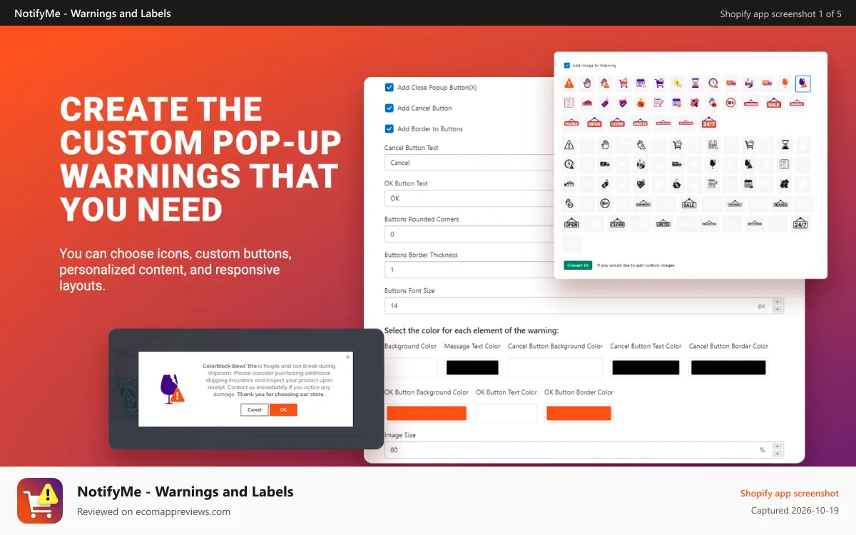 NotifyMe ‑ Warnings and Labels Shopify app screenshot: NotifyMe Main Image