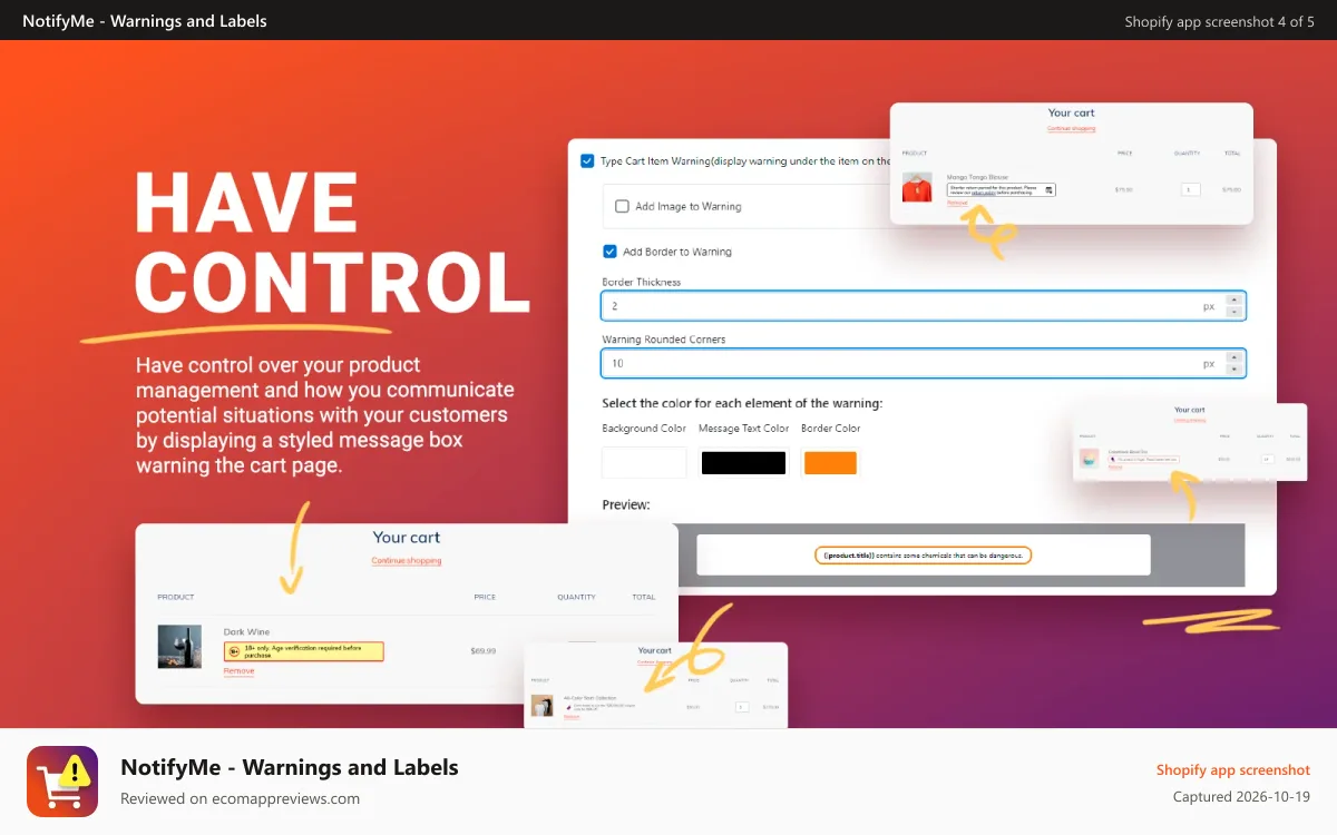 NotifyMe ‑ Warnings and Labels Shopify app screenshot: NotifyMe 3