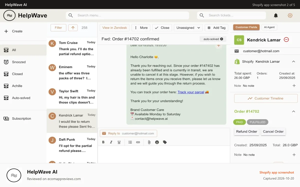 HelpWave AI Shopify app screenshot: Unified inbox