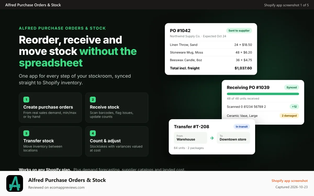 Alfred Purchase Orders & Stock Shopify app screenshot: Purchase orders, receiving, transfers and stocktakes in one Shop