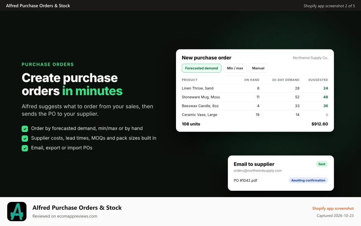 Alfred Purchase Orders & Stock Shopify app screenshot: Create a purchase order from sales demand and email it to your s