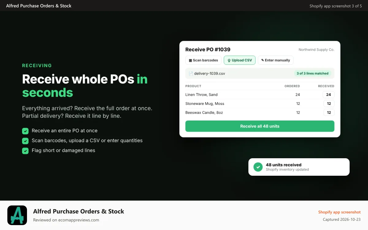 Alfred Purchase Orders & Stock Shopify app screenshot: Receive POs at once by barcode scan, CSV upload or manual entry