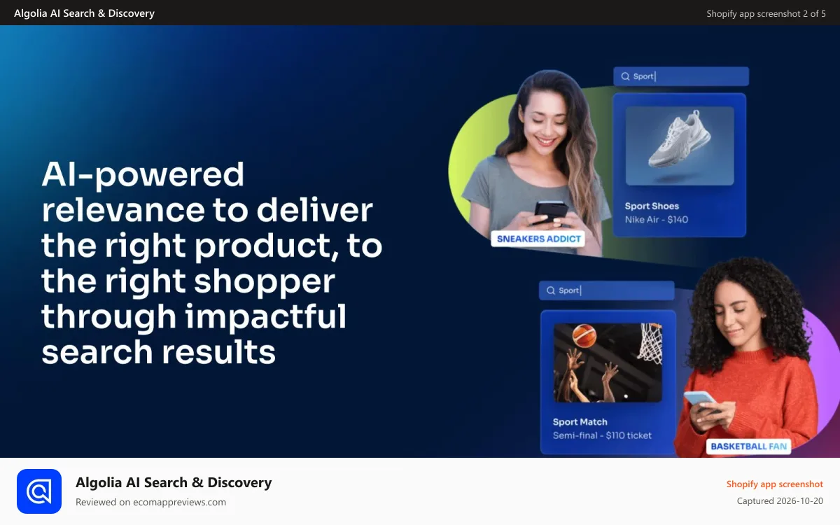 Algolia AI Search & Discovery Shopify app screenshot: Instant and Personalized Results