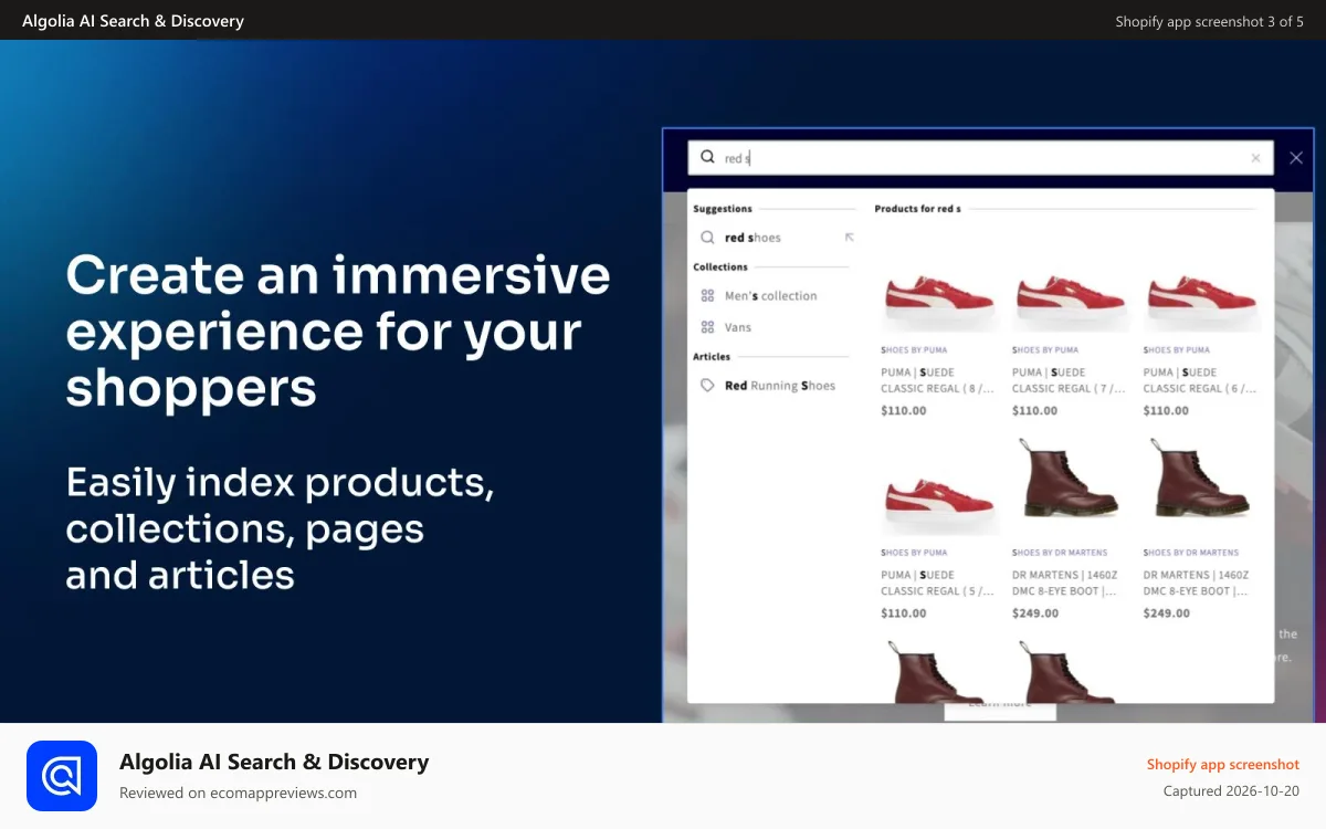 Algolia AI Search & Discovery Shopify app screenshot: Algolia can index products, collections, pages and articles