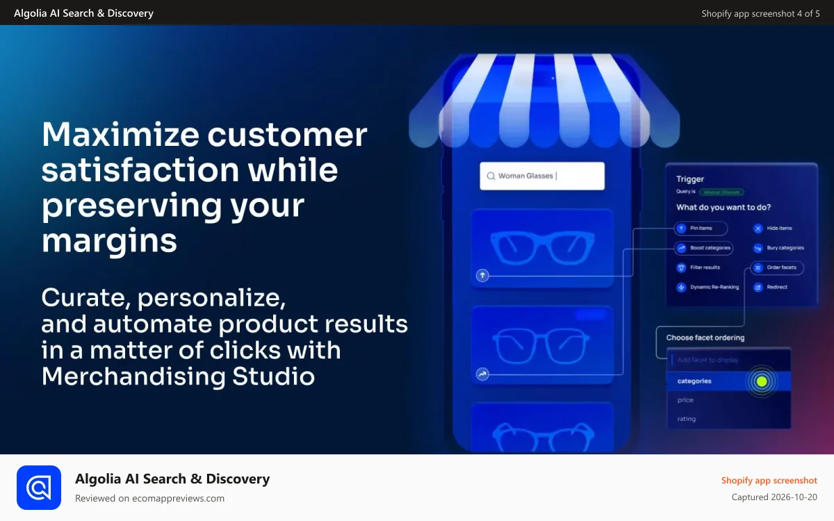 Algolia AI Search & Discovery Shopify app screenshot: Data-Driven Merchandising Studio