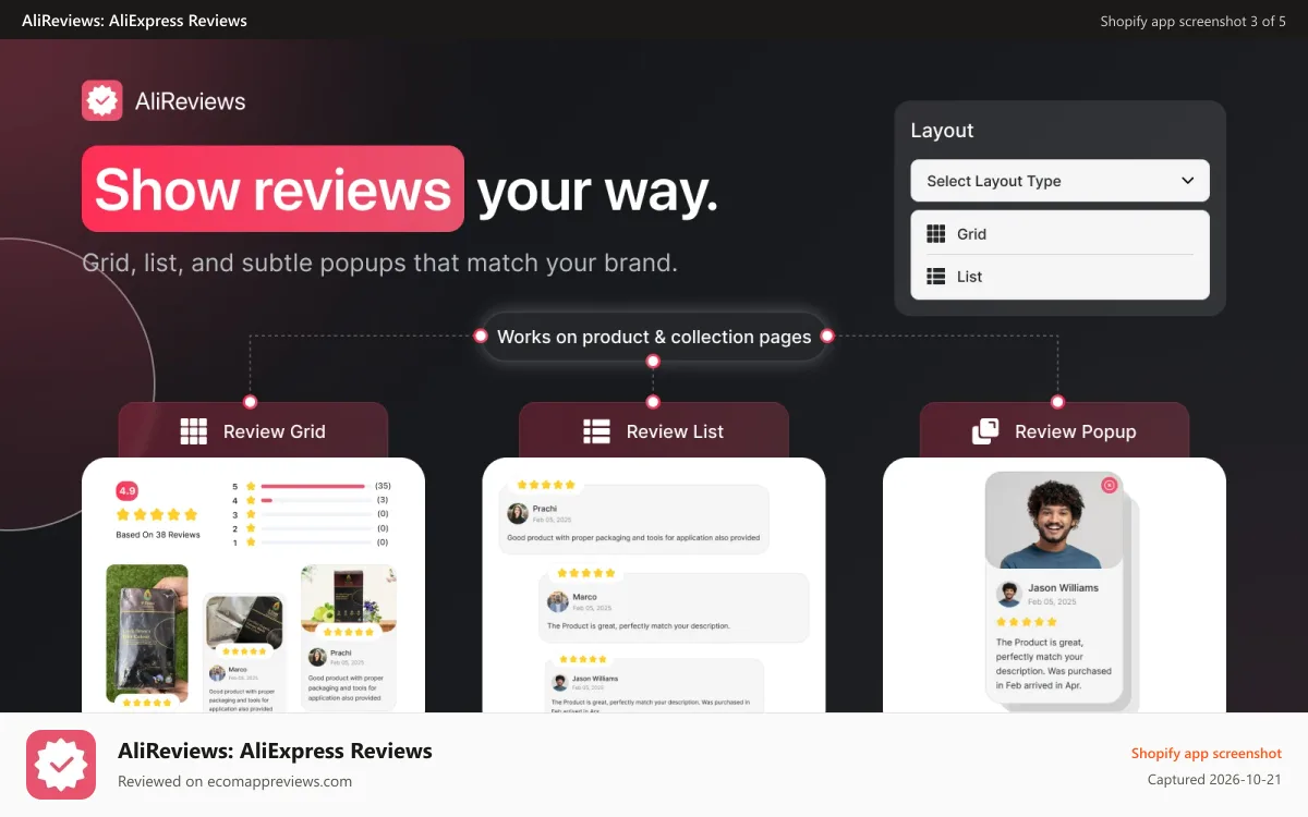 AliReviews: AliExpress Reviews Shopify app screenshot: Alireview product reviews