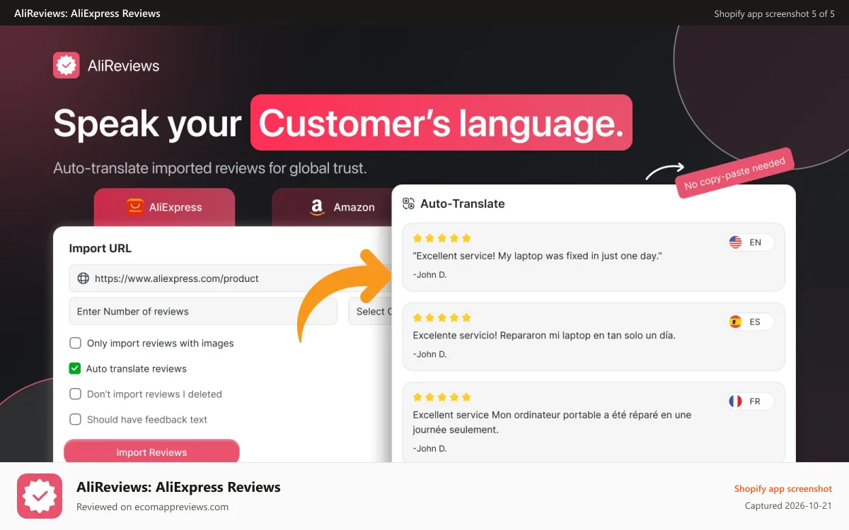 AliReviews: AliExpress Reviews Shopify app screenshot: Amazon Reviews with Google Rich Snippets Stars and Ratings