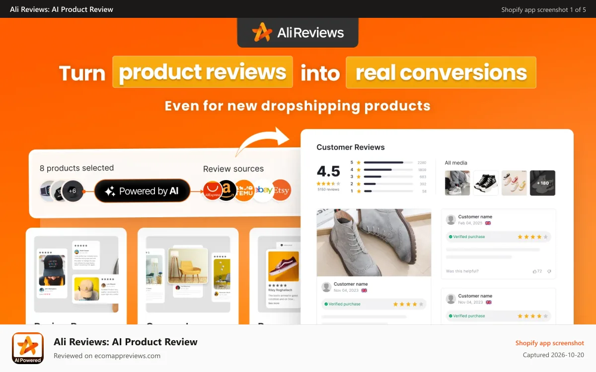 Ali Reviews: AI Product Review Shopify app screenshot: Turn product reviews into conversions with Ali Reviews