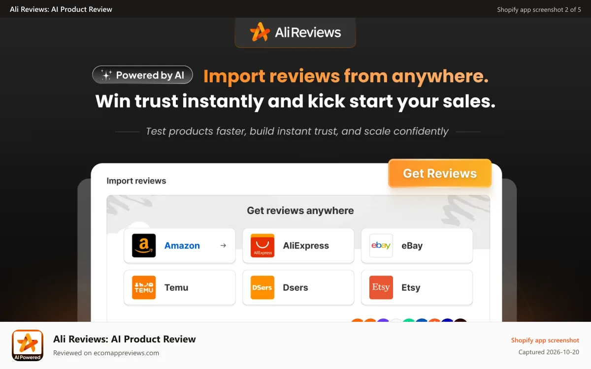 Ali Reviews: AI Product Review Shopify app screenshot: Import reviews on Temu, Ebay, Etsy with Ali Reviews
