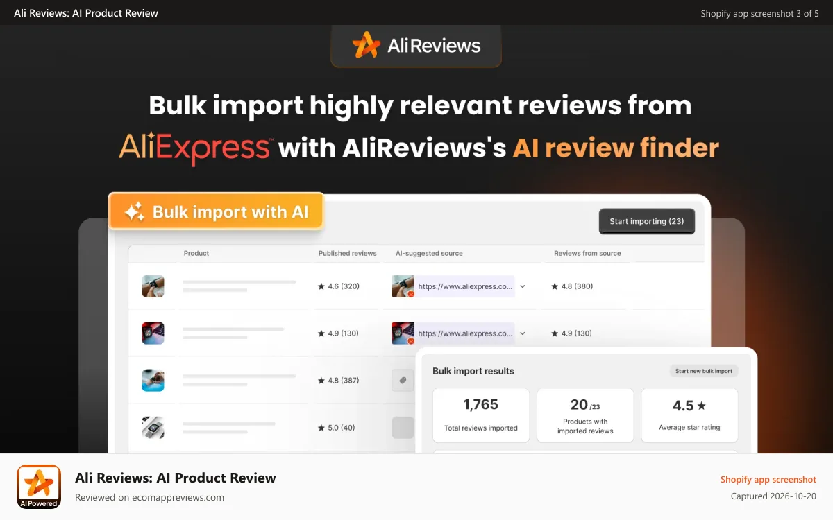 Ali Reviews: AI Product Review Shopify app screenshot: Import products reviews from AliExpress & Amazon with Ali Review