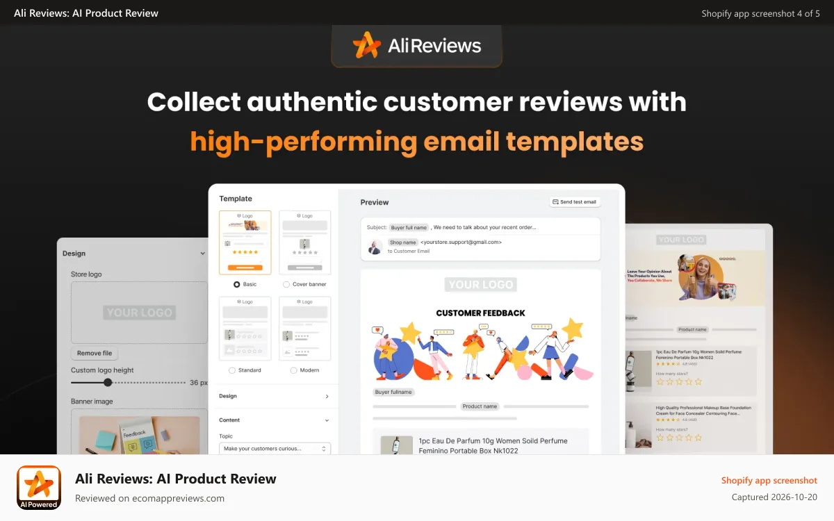 Ali Reviews: AI Product Review Shopify app screenshot: Ali Reviews auto collect reviews with high converting emai