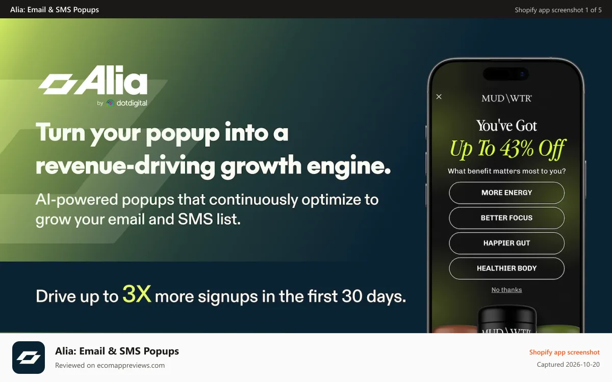Alia: Email & SMS Popups Shopify app screenshot: Alia popup app: AI popups drivng revenue and subscriber grwoth