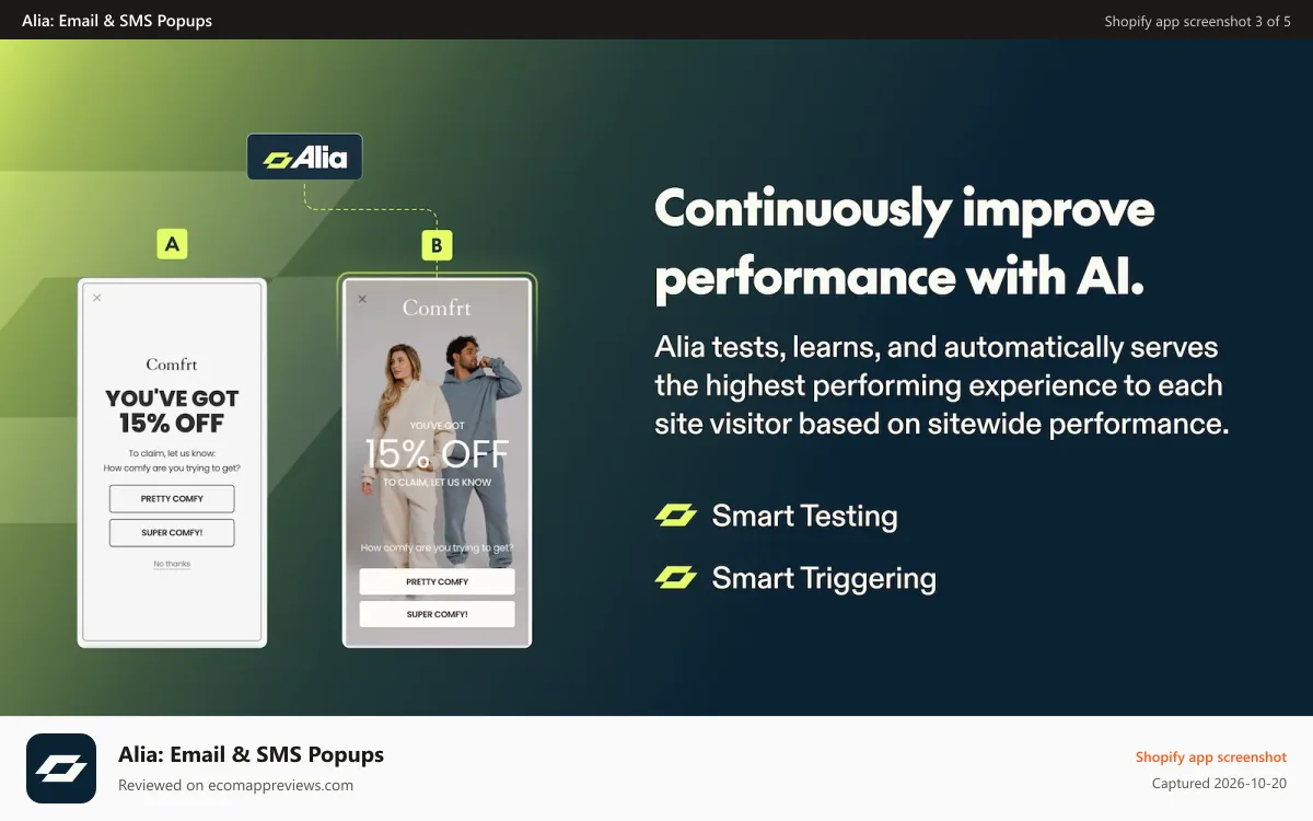 Alia: Email & SMS Popups Shopify app screenshot: Alia AI-powered testing and triggering for popup optimization