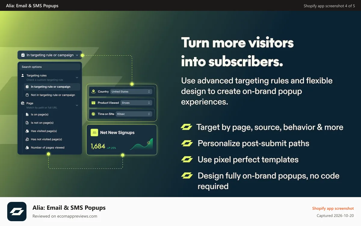 Alia: Email & SMS Popups Shopify app screenshot: Alia advanced targeting and design tools for popup experiences
