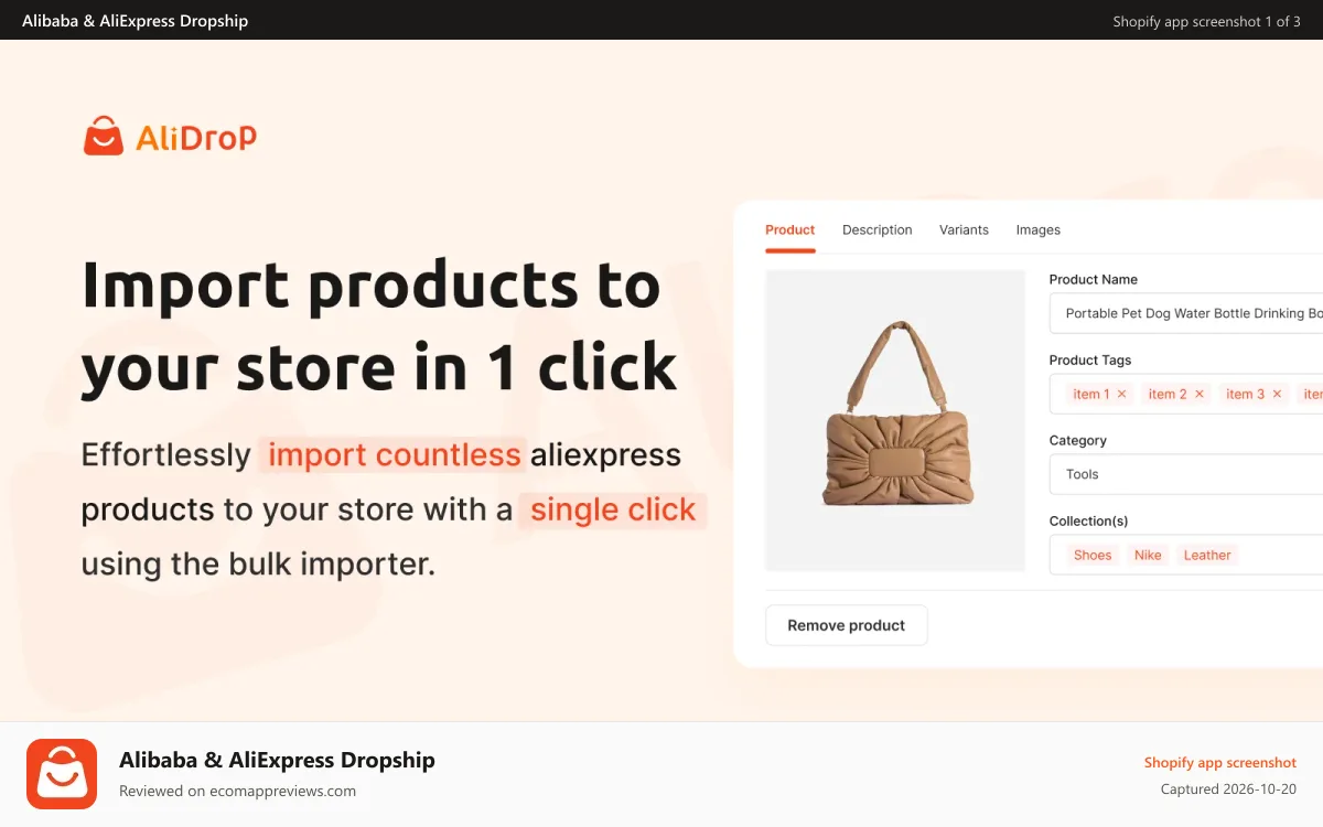 Alibaba & AliExpress Dropship Shopify app screenshot: Import products to your store in 1 click
