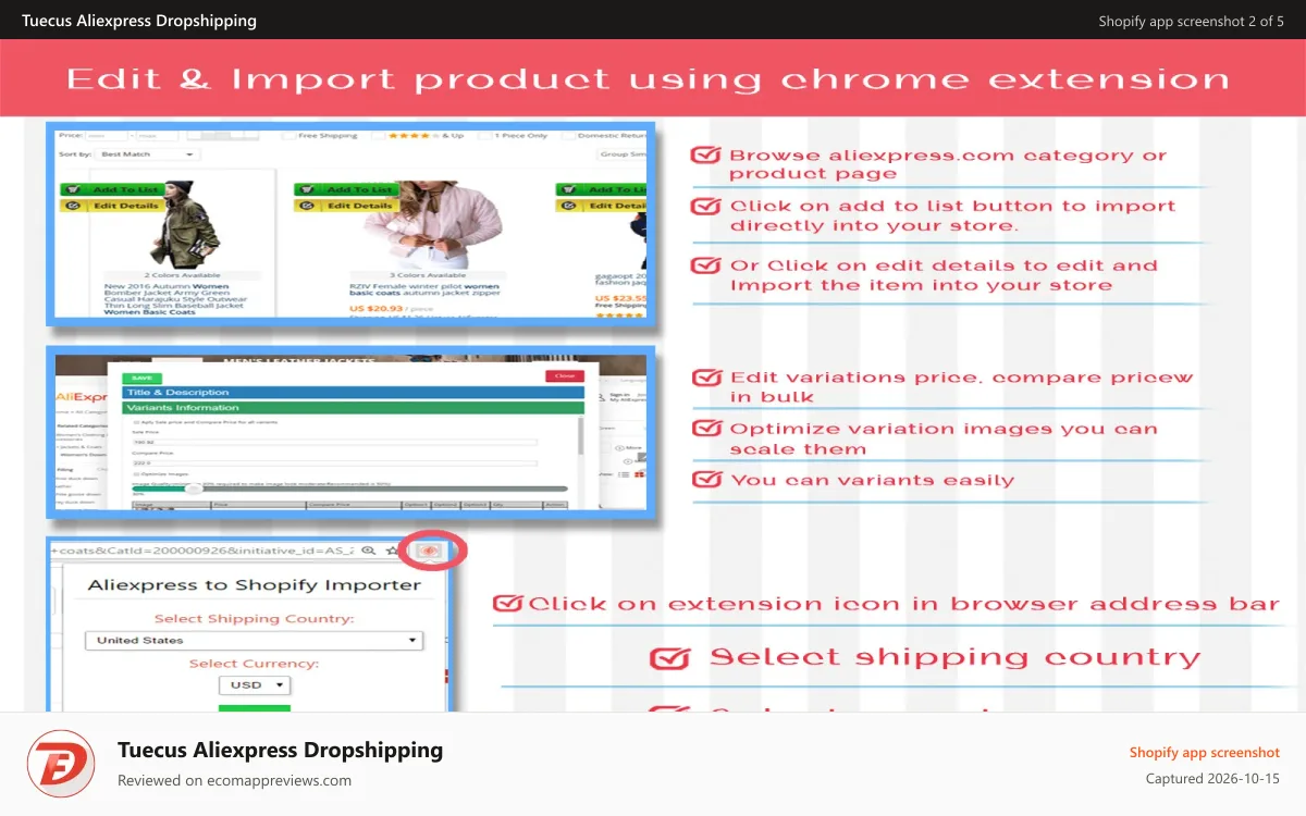 Tuecus Aliexpress Dropshipping Shopify app screenshot: Edit and Import products using chrome extension
