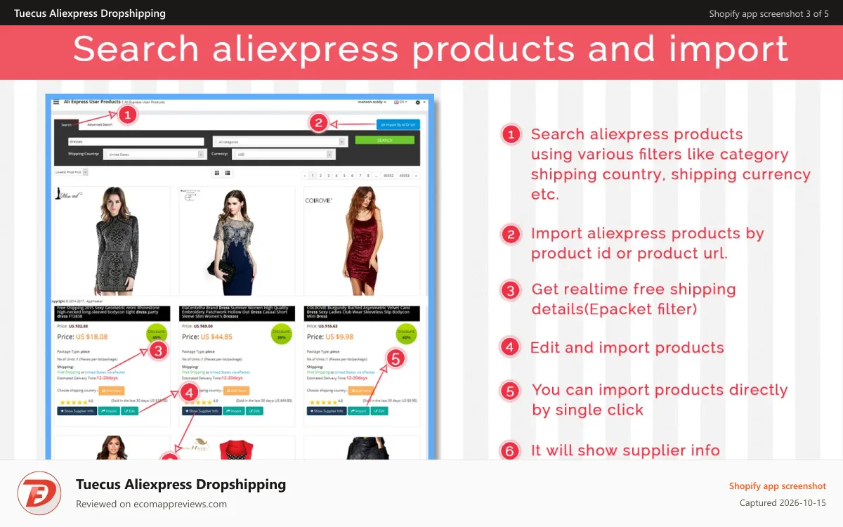 Tuecus Aliexpress Dropshipping Shopify app screenshot: Search aliexpress product and import