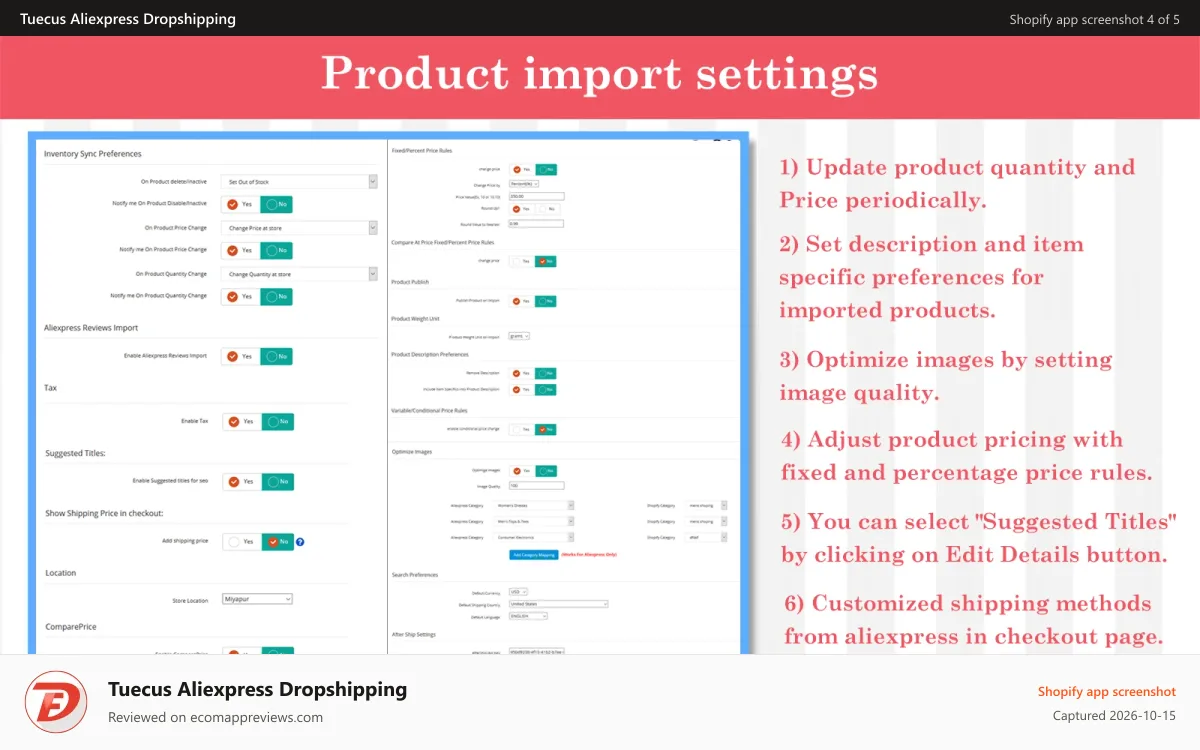Tuecus Aliexpress Dropshipping Shopify app screenshot: Product import settings