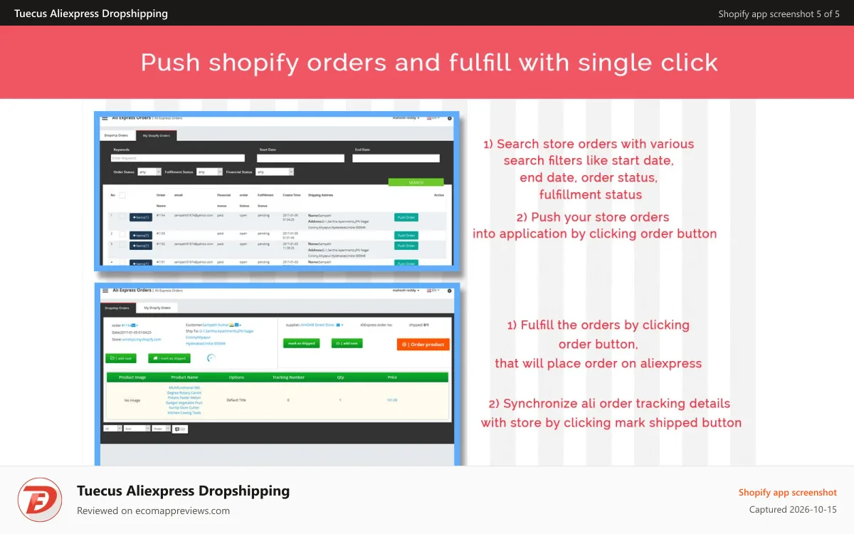 Tuecus Aliexpress Dropshipping Shopify app screenshot: Fulfill orders with single click