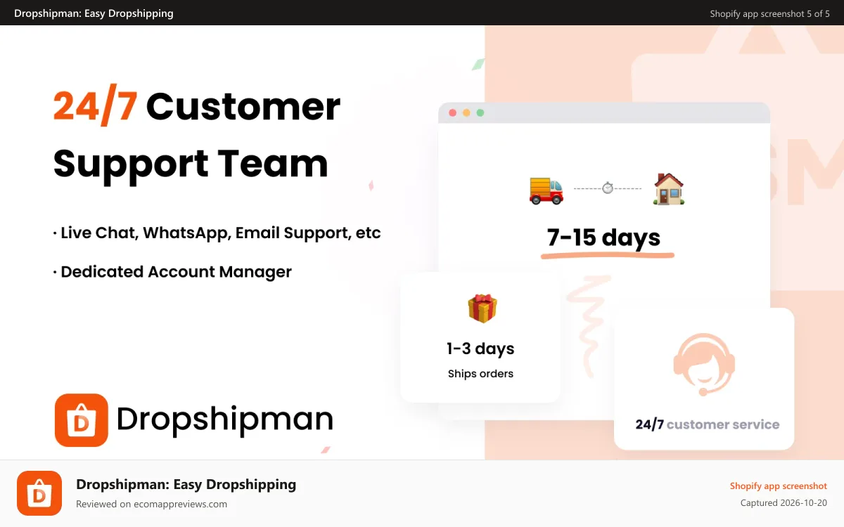 Dropshipman: Easy Dropshipping Shopify app screenshot: 24/7 Customer Support Team_DSM-AliExpress Dropshipping