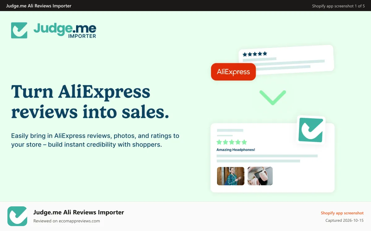 Judge.me Ali Reviews Importer Shopify app screenshot: Add AliExpress reviews, photos and ratings to your store