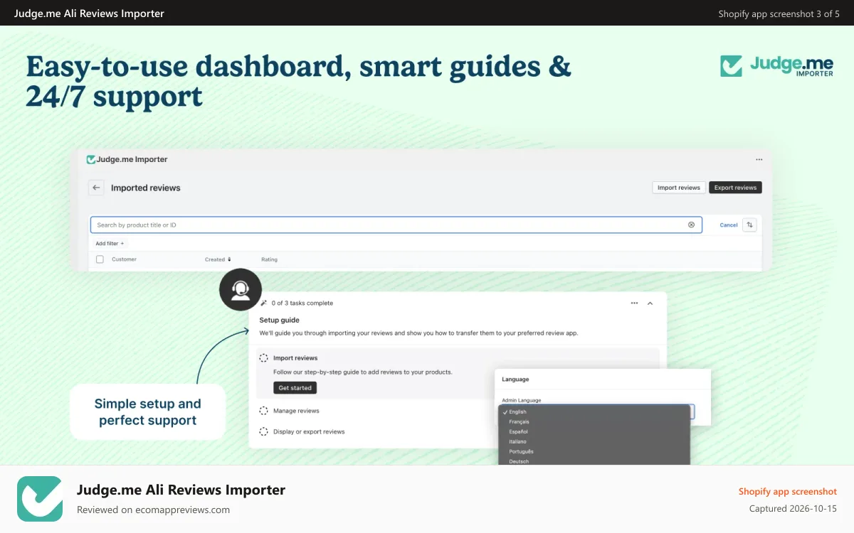 Judge.me Ali Reviews Importer Shopify app screenshot: User-friendly dashboard, self-help materials and 24/7 support